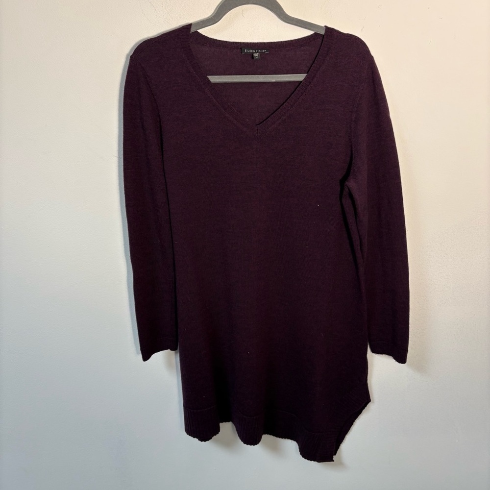 Eileen Fisher Merino Wool Tunic Sweater Burgundy Asymmetrical Hem Medium